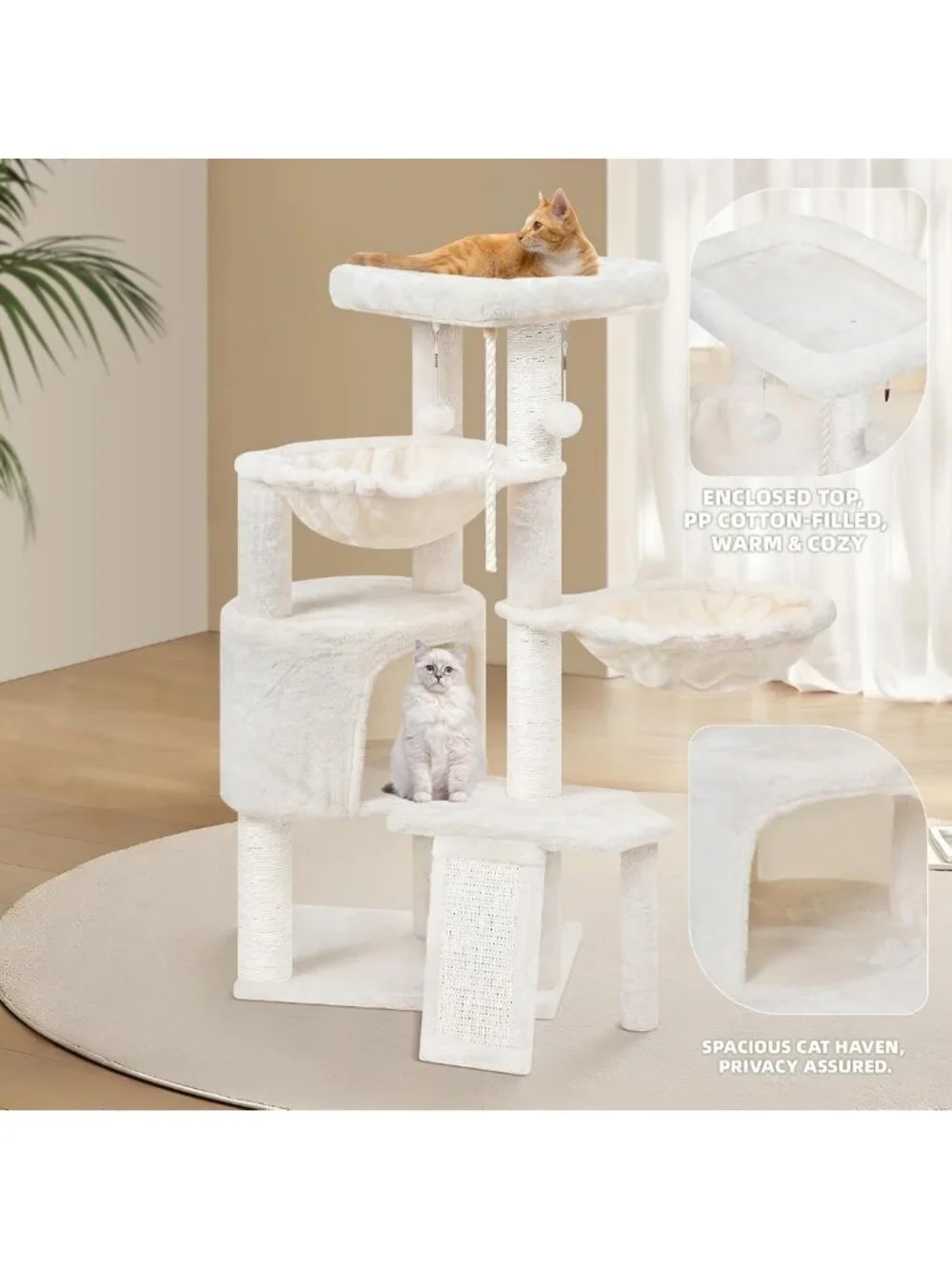Cozy Three-Layer Cat Tree with Condo, Scratch Pad & Two Hammocks - Beige
